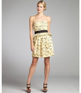 Vera Wang Lavender Canary Poppy Print Cotton Twill Strapless Belted Peplum Dress - Lyst