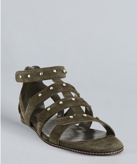 ... Studded Sigourney Flat Gladiator Sandals in Green (military green