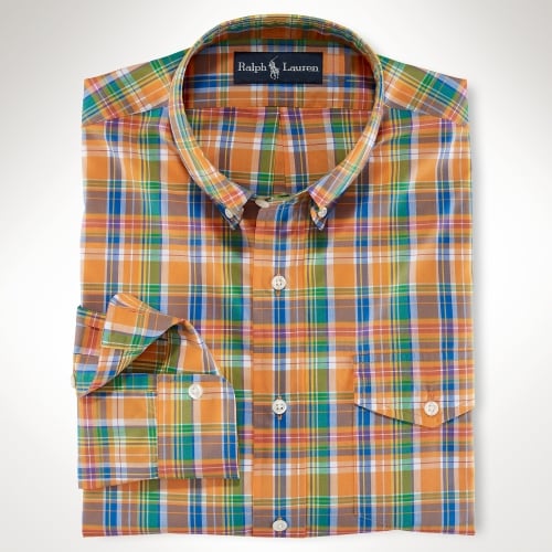 mens blue and orange plaid shirt