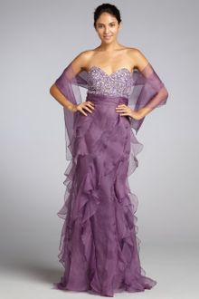 Badgley Mischka  Silk Organza Strapless Beaded Top Ruffle Gown with Shawl - Lyst