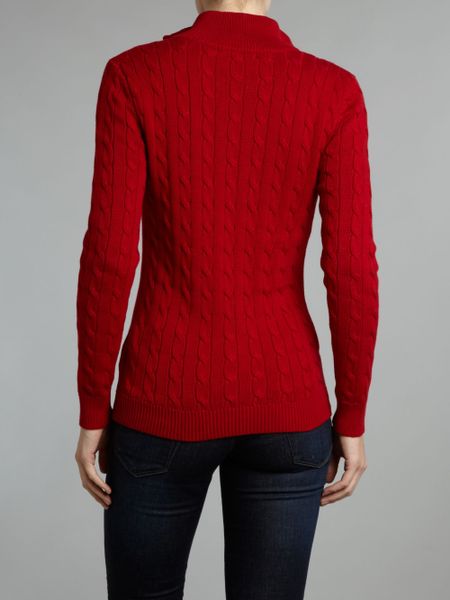 Lauren By Ralph Lauren Long Sleeve Vneck Cable Knit Jumper with Collar in Red | Lyst