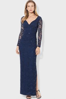 Lauren by Ralph Lauren Illusion Sleeve Lace Gown - Lyst