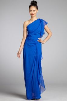 Tadashi Shoji  Sheer Chiffon Woven Pleated One Shoulder Ruffle Gown - Lyst