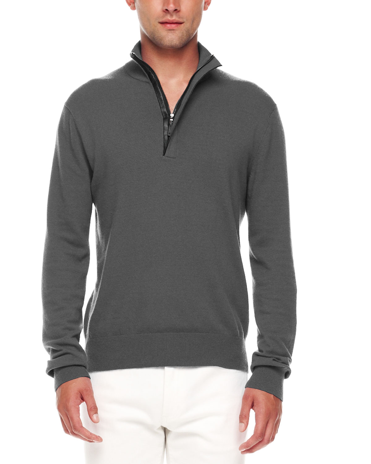 Michael Kors Leather Trim Half Zip Sweater in Gray for Men (ash melange) Lyst