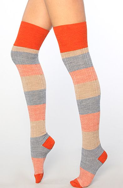 Free People The Merino Wool Striped Over The Knee Socks In Red Combo In 9685