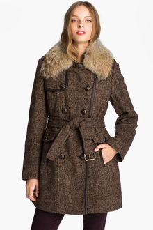 Kors By Michael Kors Michael Michael Kors Belted Tweed Coat with Genuine Coyote Fur - Lyst