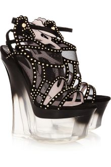 Versace Studded Suede and Mesh Platform Sandals - Lyst