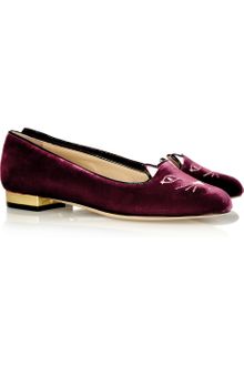 Charlotte Olympia Kitty Embroidered Velvet Flats - Lyst