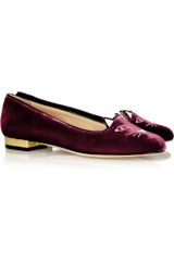 Charlotte Olympia Kitty Embroidered Velvet Flats