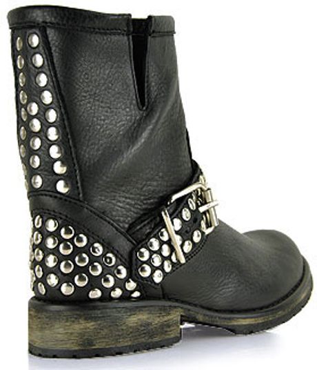 Steve Madden Frankiee Black Leather Studded Motorcycle Boot in Black ...
