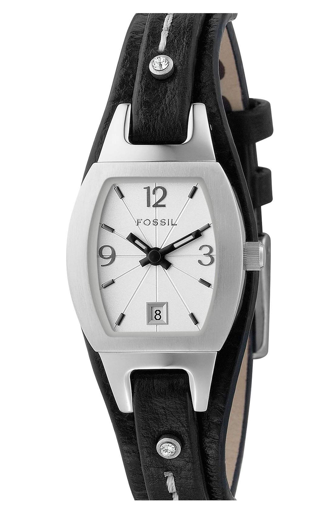 fossil black and silver watch