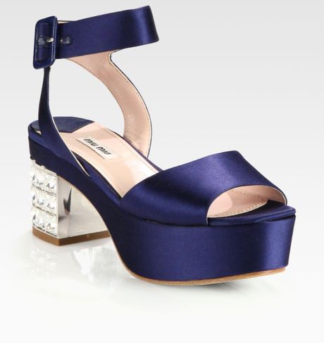 Miu Miu Satin Jeweled Heel Platform Sandals in Purple (blue) | Lyst