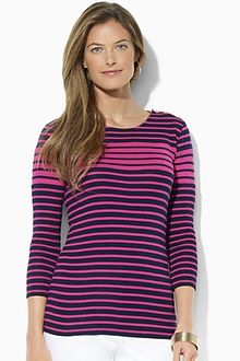 Lauren by Ralph Lauren Button Shoulder Stripe Crewneck Top - Lyst