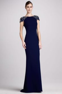 Badgley Mischka Collection Jersey Gown with Beaded Cap Sleeves - Lyst