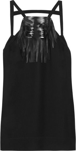Maje Largo Leatherfringed Silkcrepe Camisole - Lyst