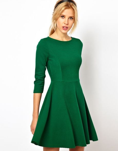 Asos Collection Asos Skater Dress in Ribbed Texture in Green | Lyst