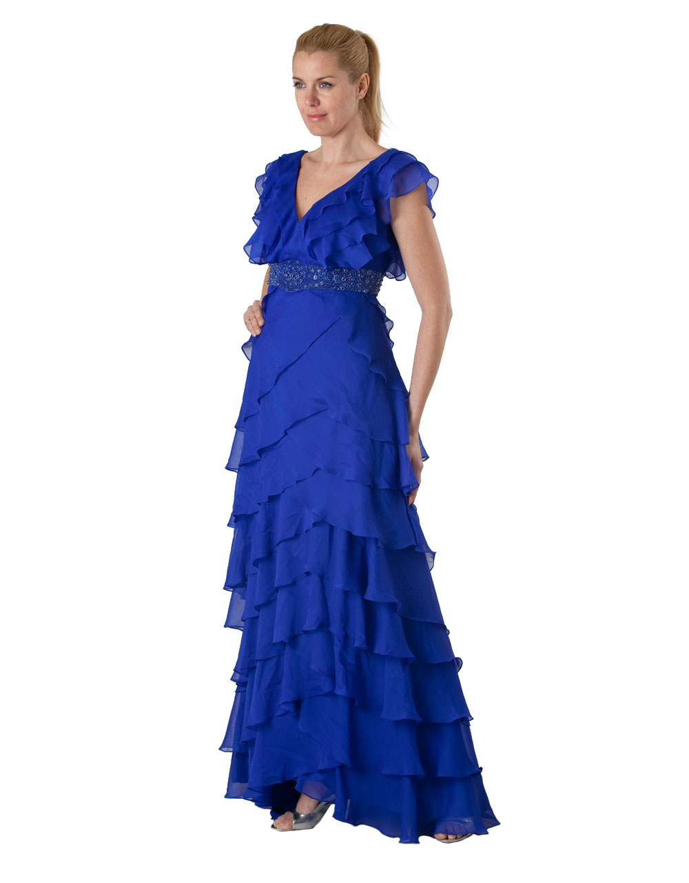 js collections embroidered ruffle drape column gown