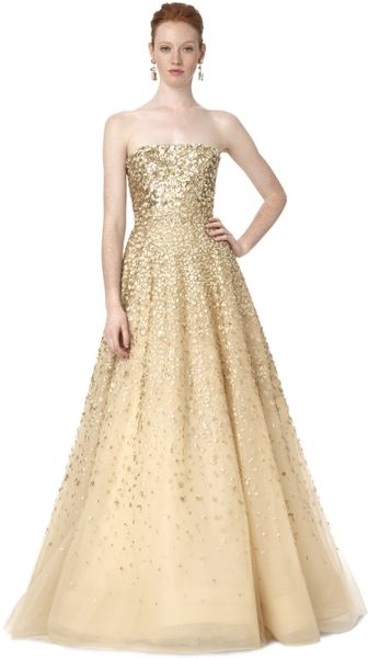 Oscar De La Renta Strapless Embroidered Gown in Gold (champagne)