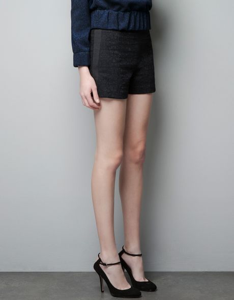 Zara High Waist Jacquard Shorts in Black | Lyst