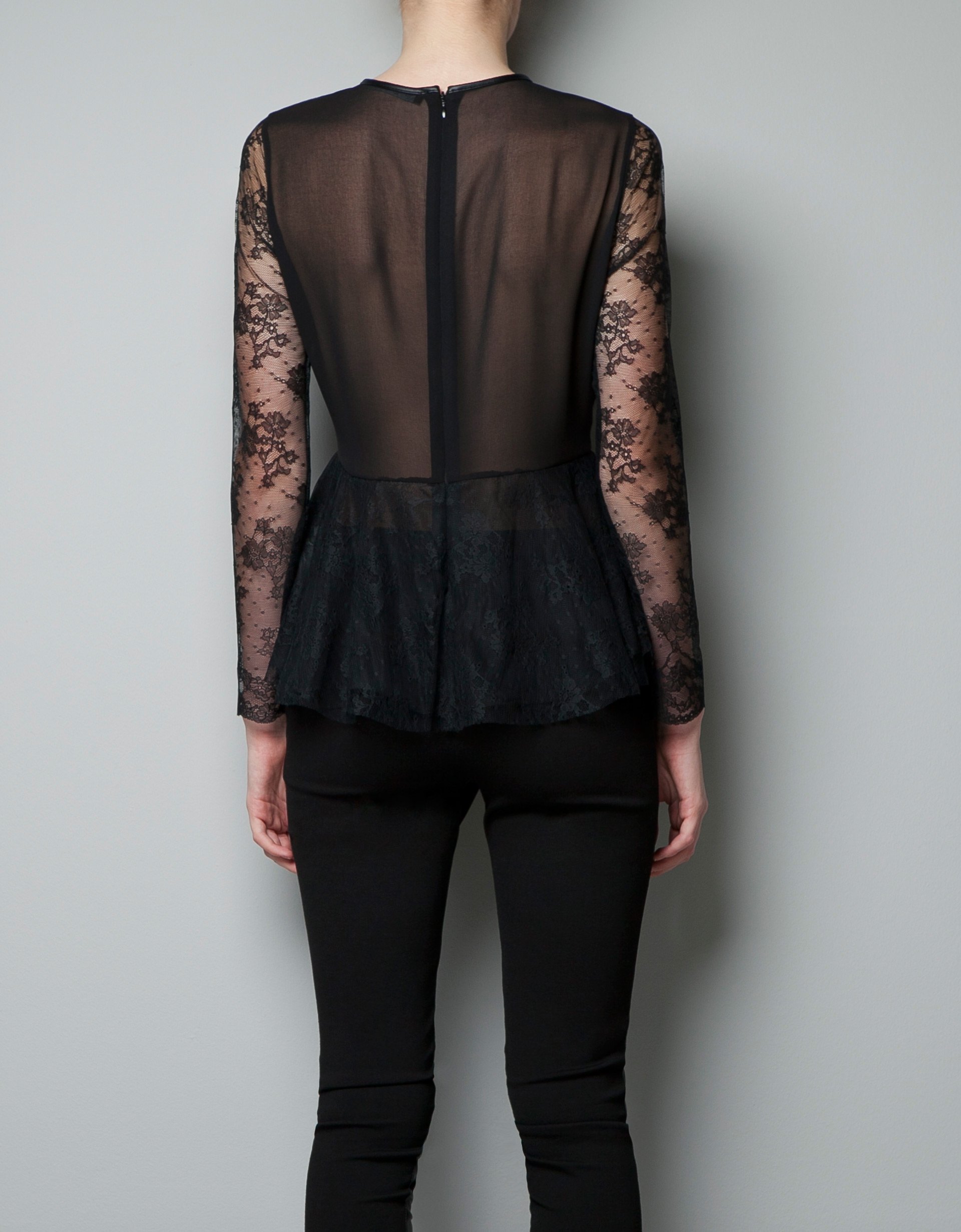 Zara Sheer Lace Peplum Top In Black Lyst