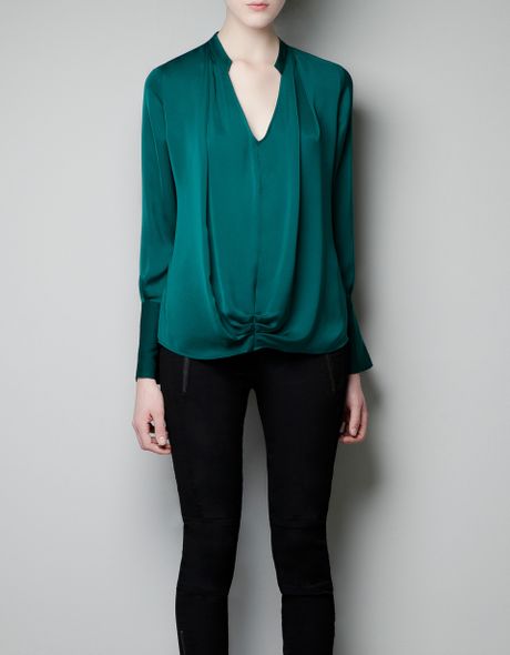 Zara Blouse with Gathering in Green (emerald green) | Lyst