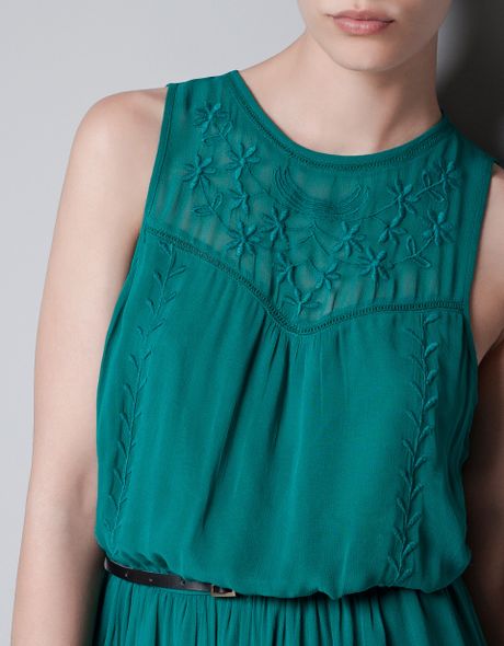 Zara Embroidered Sleeveless Dress with Ruffled Hem in Green (emerald