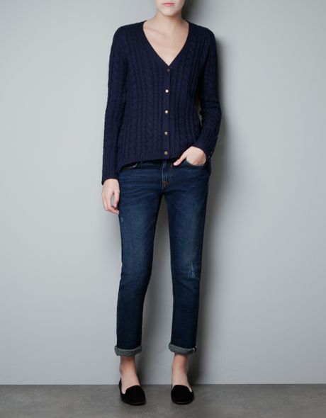 Zara Cable Knit Cardigan With Gold Buttons In Blue Navy Lyst 8107