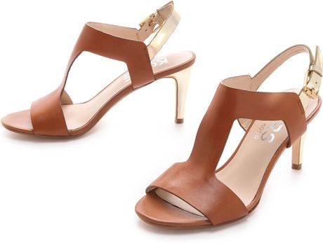 Kors By Michael Kors Xyla Low Heel T Strap Sandal in Brown | Lyst