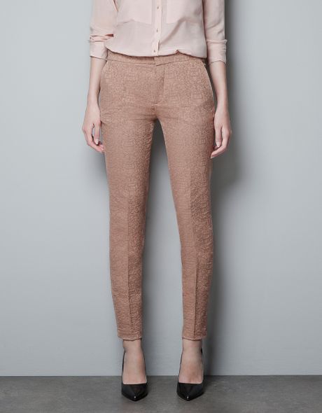 Zara Skinny Jacquard Pants in Beige (pink)