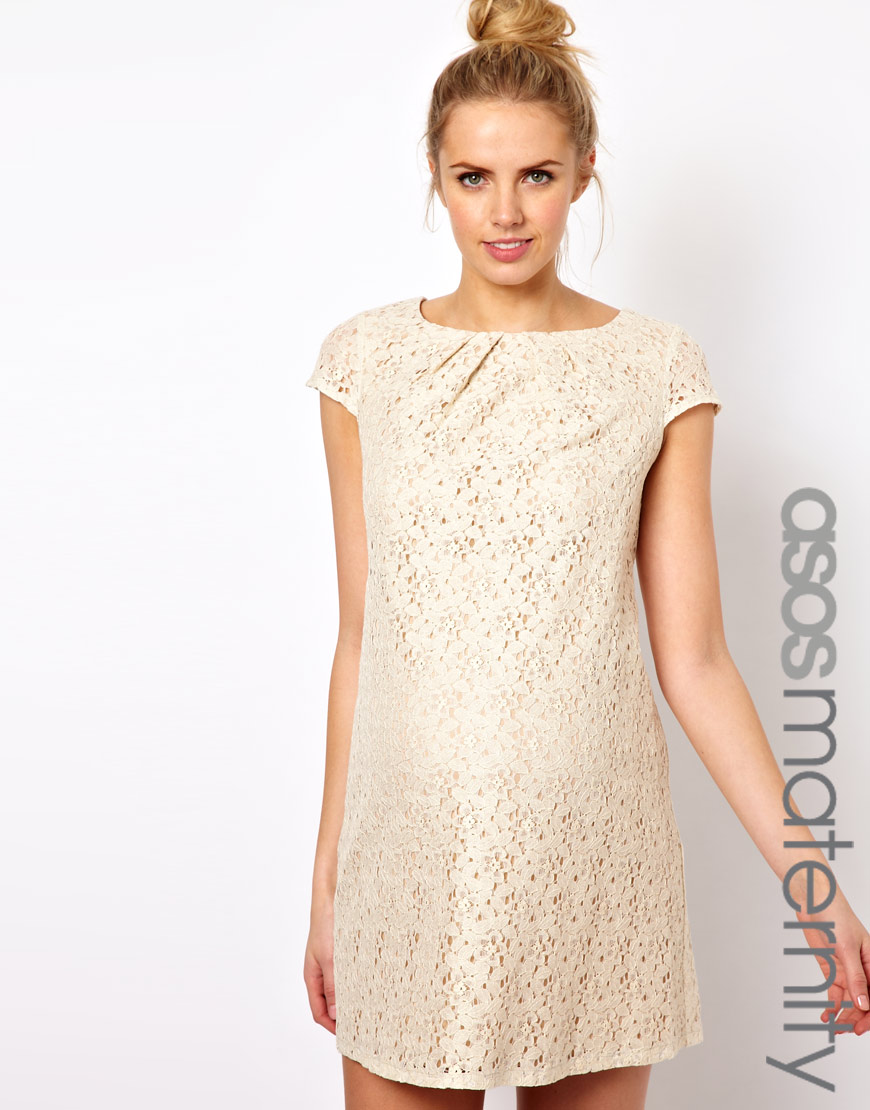 Lyst Asos Shift Dress In Lace With Pleated Neck In Natural