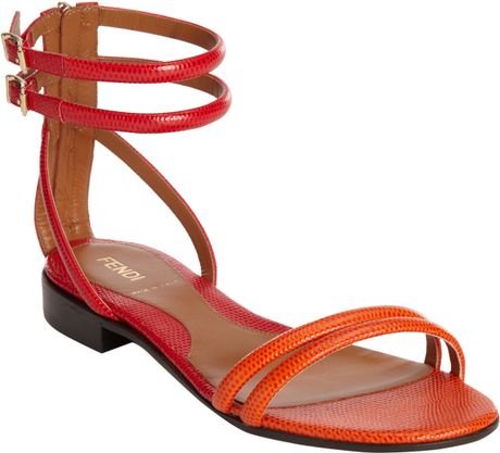 Fendi Stamped Twotone Flat Sandal in Red (gold) | Lyst