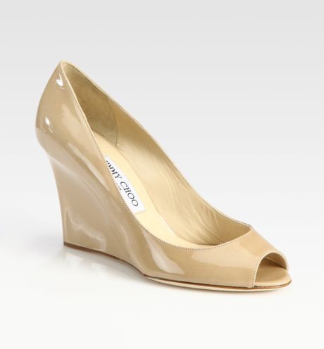 Jimmy Choo Baxen Patent Leather Peep Toe Wedge Pumps In Nude Lyst