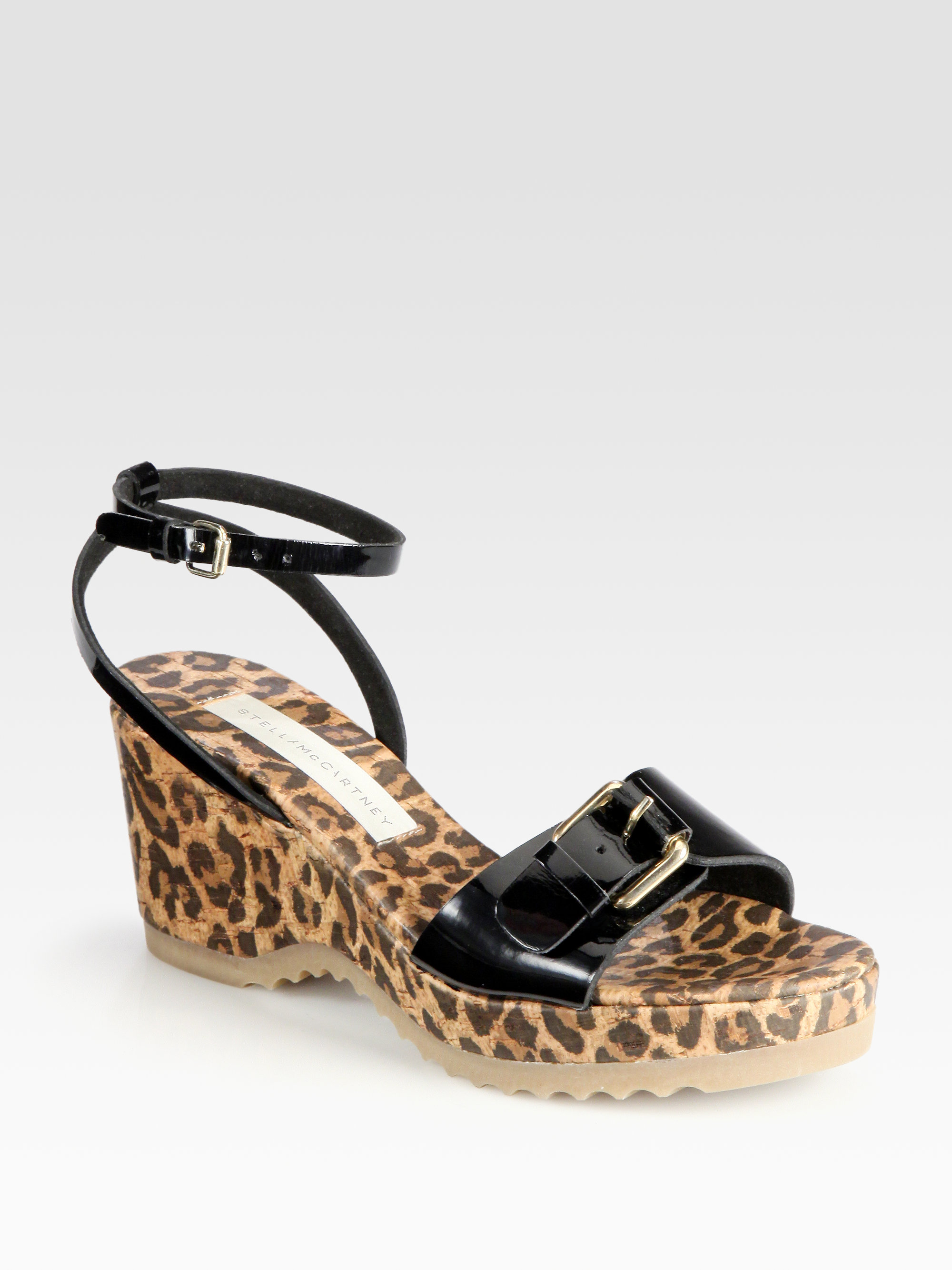 ... Mccartney Linda Leopard-Print Cork Wedge Sandals in Black | Lyst