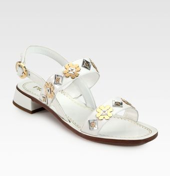 Prada Leather Flower Appliqué Doubleband Sandals - Lyst