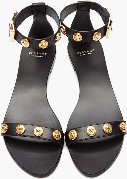 Versace Black Leather and Gold Crest Ankle Strap Sandals in Black | Lyst