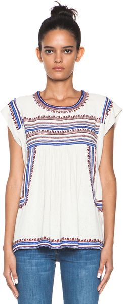 Etoile Isabel Marant Dumas Embroidered Noil Silk Top in Ecru Bleu - Lyst