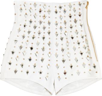 Balmain Embellished Highrise Leather Shorts - Lyst