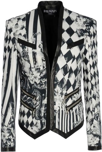 Balmain Leather Trim Denim Blazer - Lyst