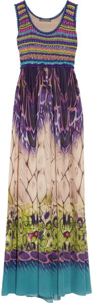 Alberta Ferretti Printed Silk Crepe De Chine and Crochet Knit Maxi Dress - Lyst