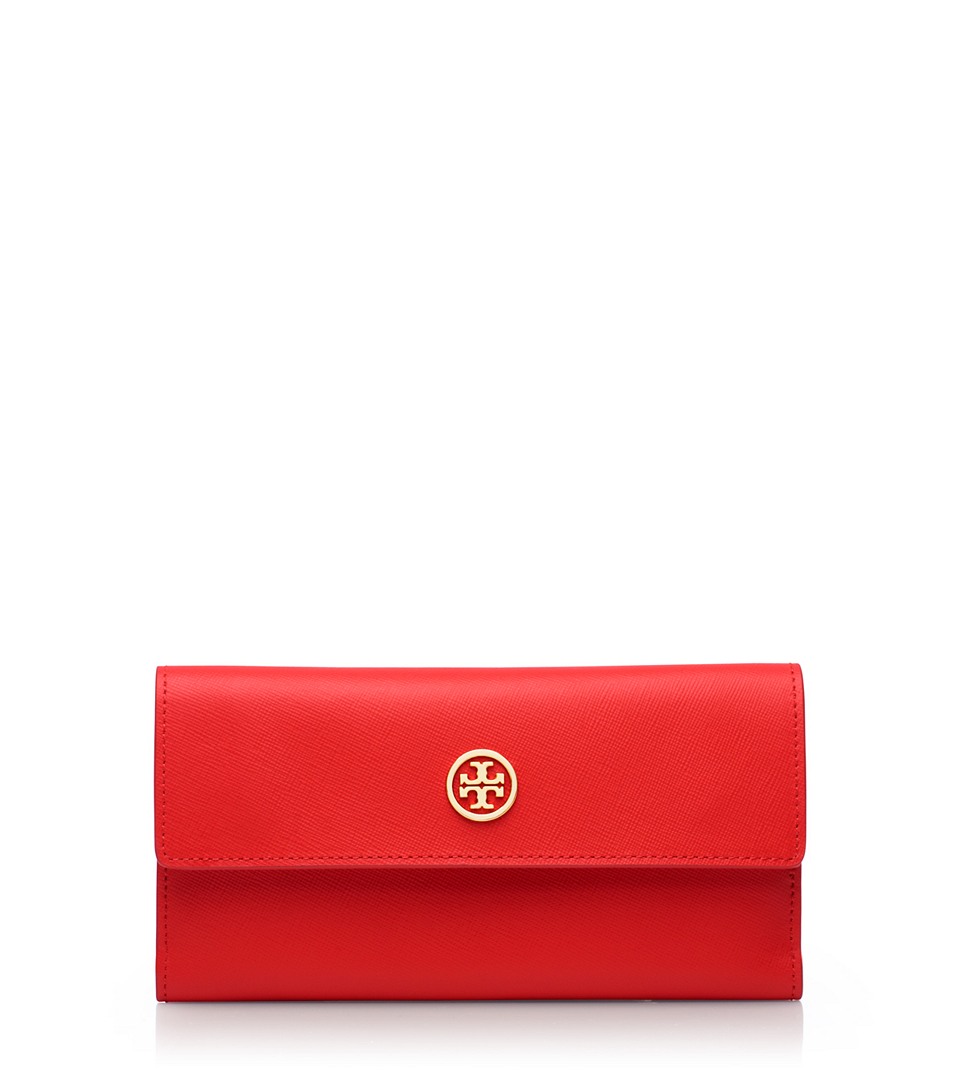 Tory Burch Robinson Continental Trifold Wallet in Red (poppy red) Lyst
