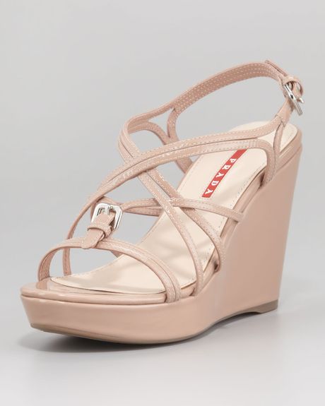 Prada Criss Cross Patent Leather Wedge Platform Sandal In Pink Nude