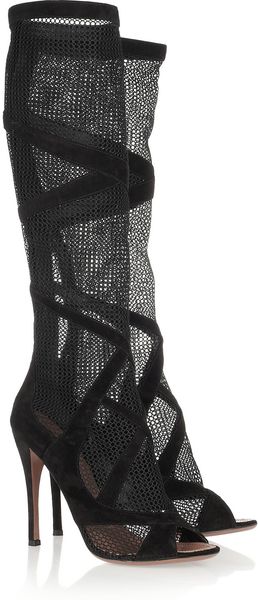 Alaïa Suede-Trimmed Mesh Knee Boots - Lyst