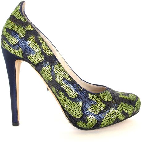 blue and green sequin heels