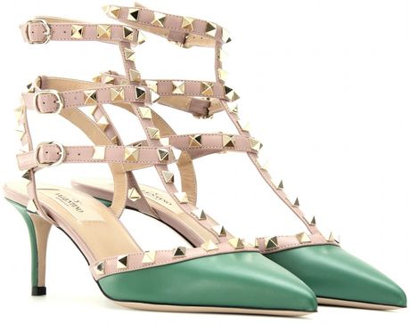 Valentino Rockstud Leather Kitten Heel Pumps in Green (emerald) | Lyst