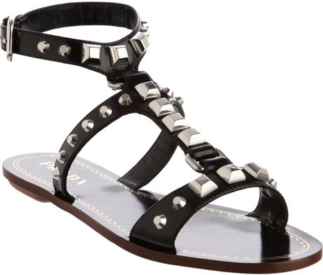 Prada Studded T-Strap Gladiator Sandal in Black (silver) | Lyst