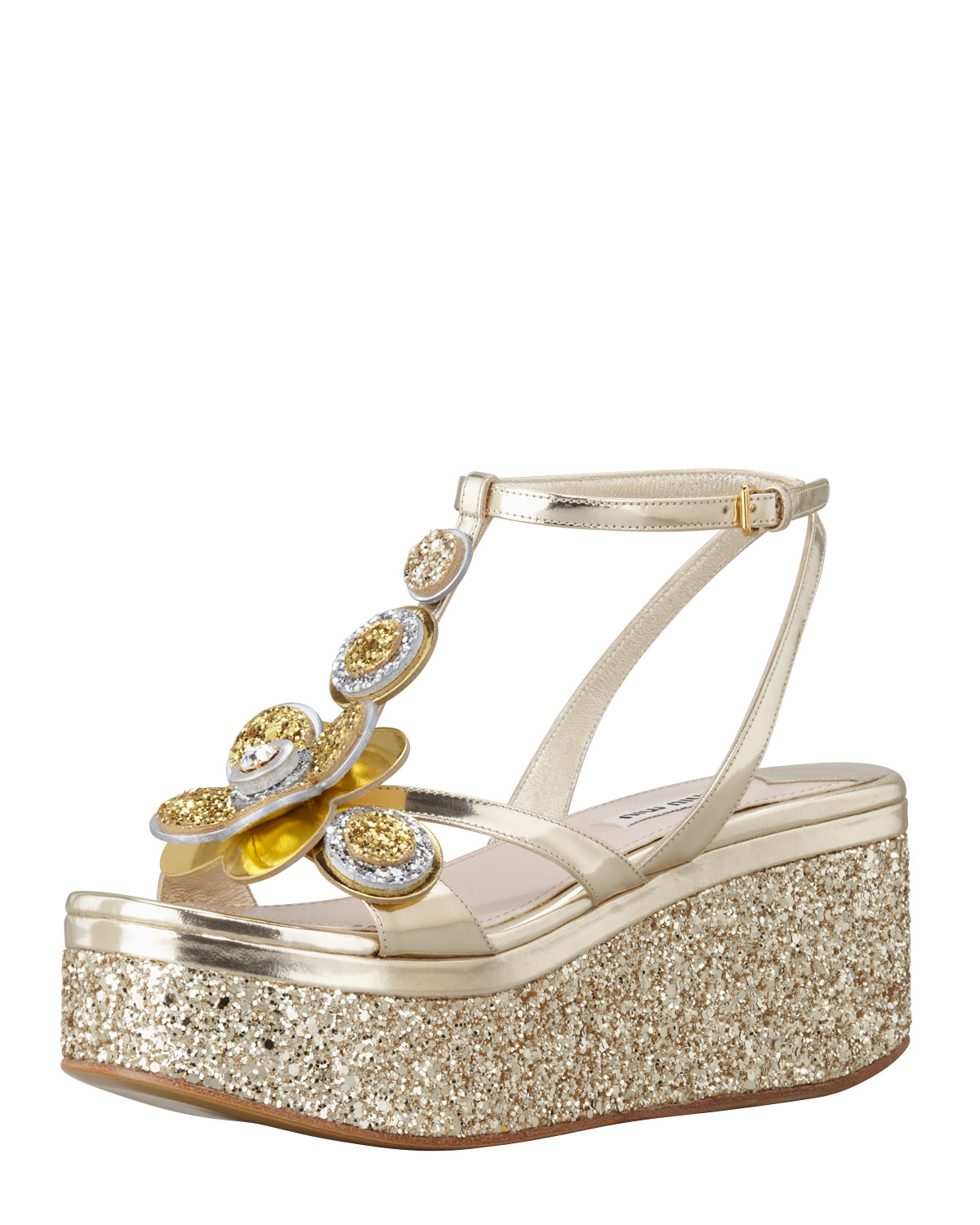 Miu Miu Metallic Glitter Flower Wedge Gold in Gold Lyst