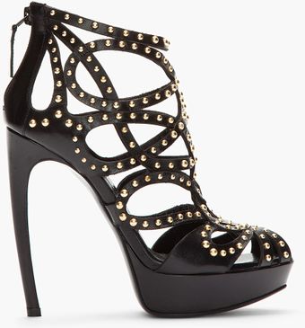 Alexander McQueen Black Leather Goldstudded Cage Heels - Lyst