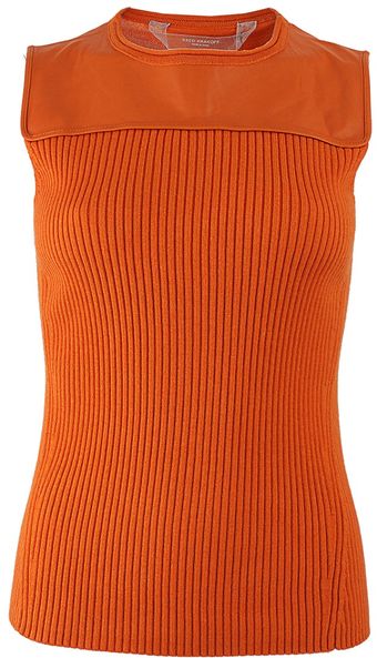 Reed Krakoff Sleeveless Leather Yoke Ribbed Top - Lyst