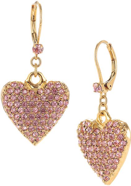 Betsey Johnson Pink Crystal Heart Drop Earrings In Pink | Lyst