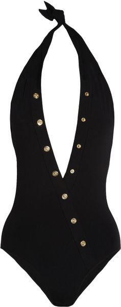 Versace Embellished Plunge Front Swimsuit - Lyst